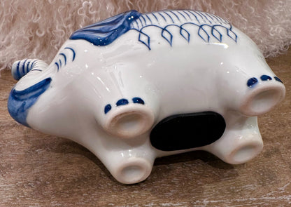 Blue and white ceramic elephant bank