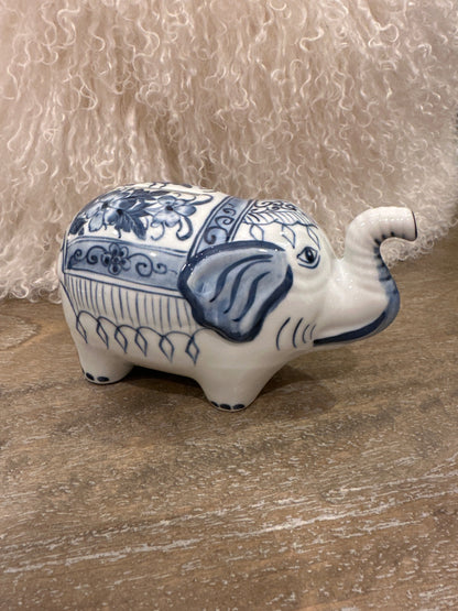 Blue and white ceramic elephant bank