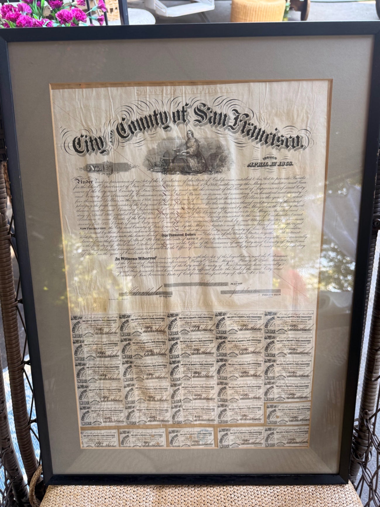 Framed Antique 1866 San Francisco $1,000 School Bond | Historic California Gold Coin Document with Coupons