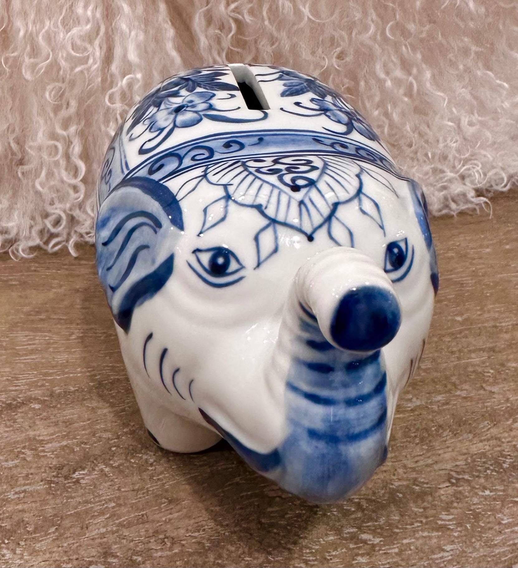 Blue and white ceramic elephant bank