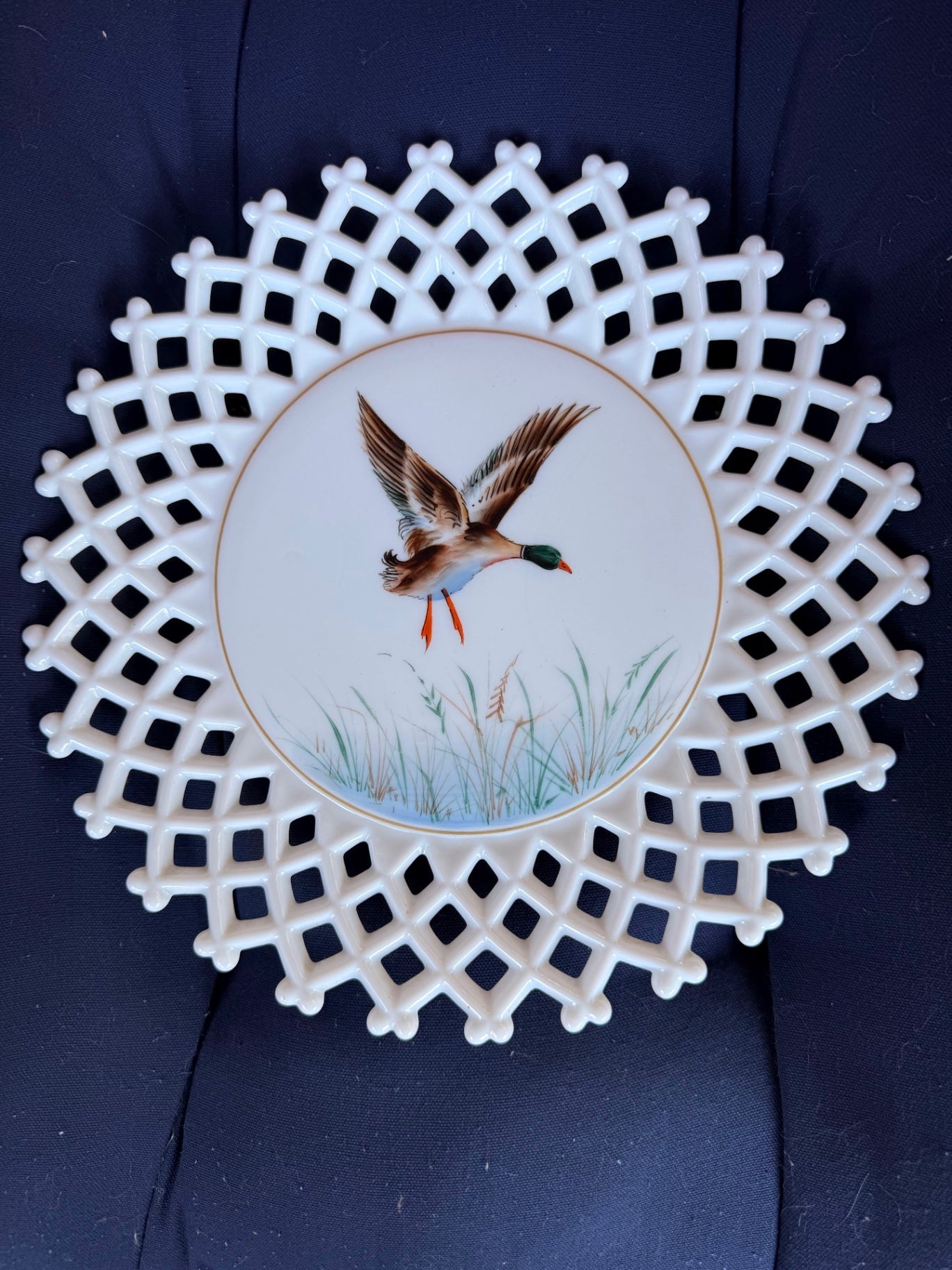 Vintage Reticulated Porcelain Duck Plate | Pierced Lattice Mallard in Flight Display Dish