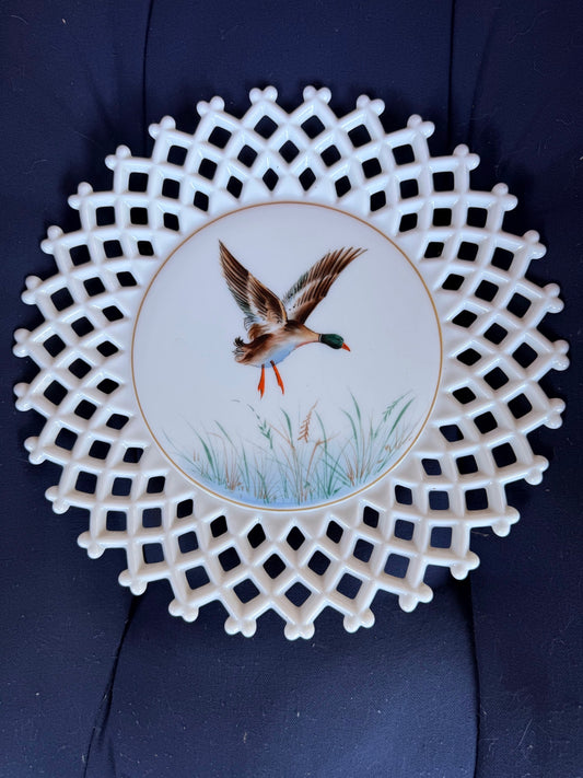 Vintage Reticulated Porcelain Duck Plate | Pierced Lattice Mallard in Flight Display Dish