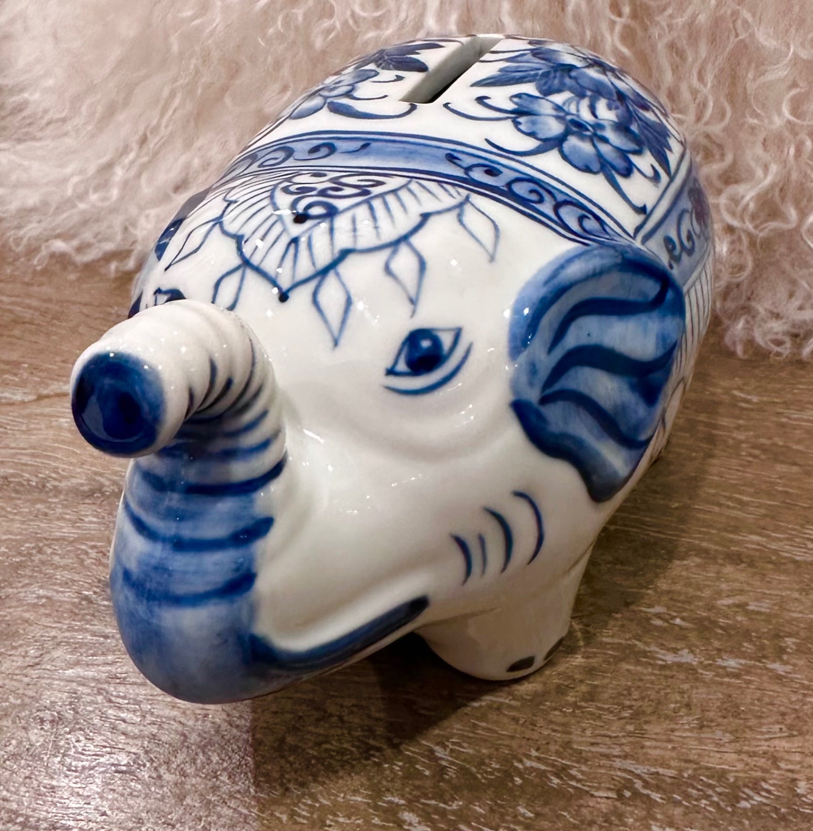 Blue and white ceramic elephant bank