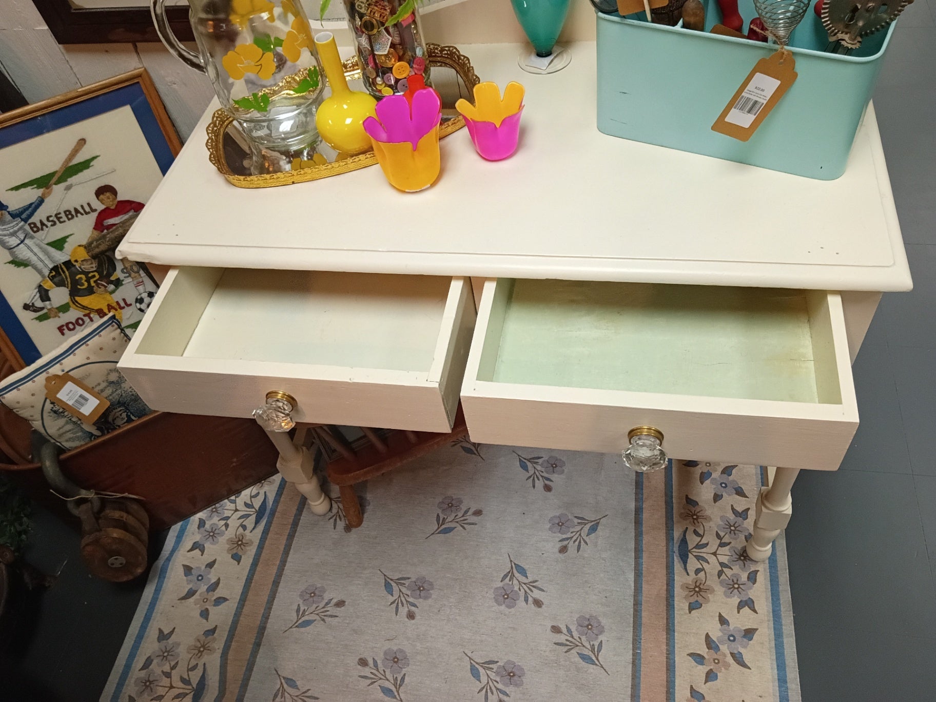 Shabby Chic Painted Cream Writing Desk | Cottagecore Vanity Table with Glass Knobs