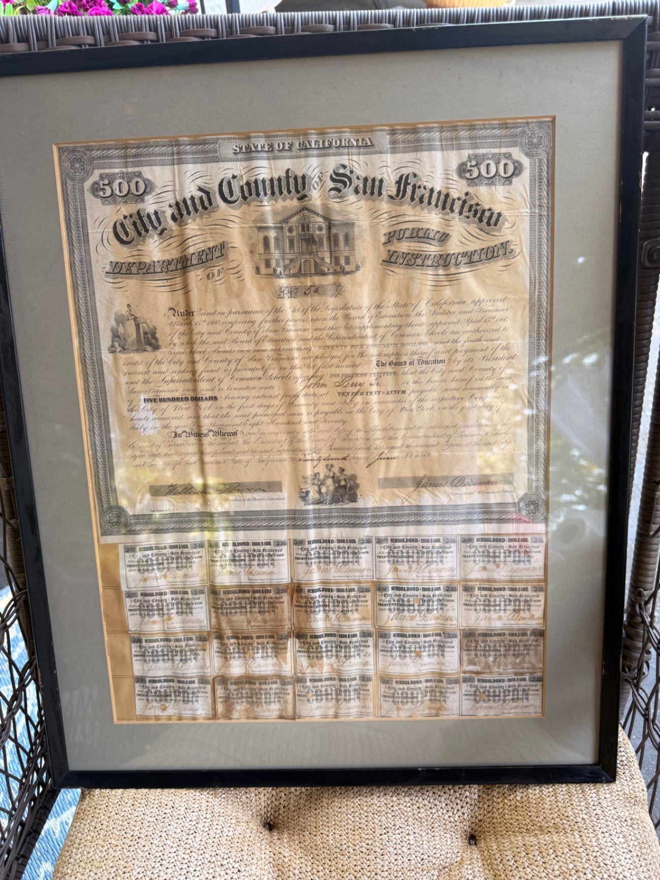 Framed Antique 1860 San Francisco $500 School Bond | Historic California Public Instruction Document with Coupons