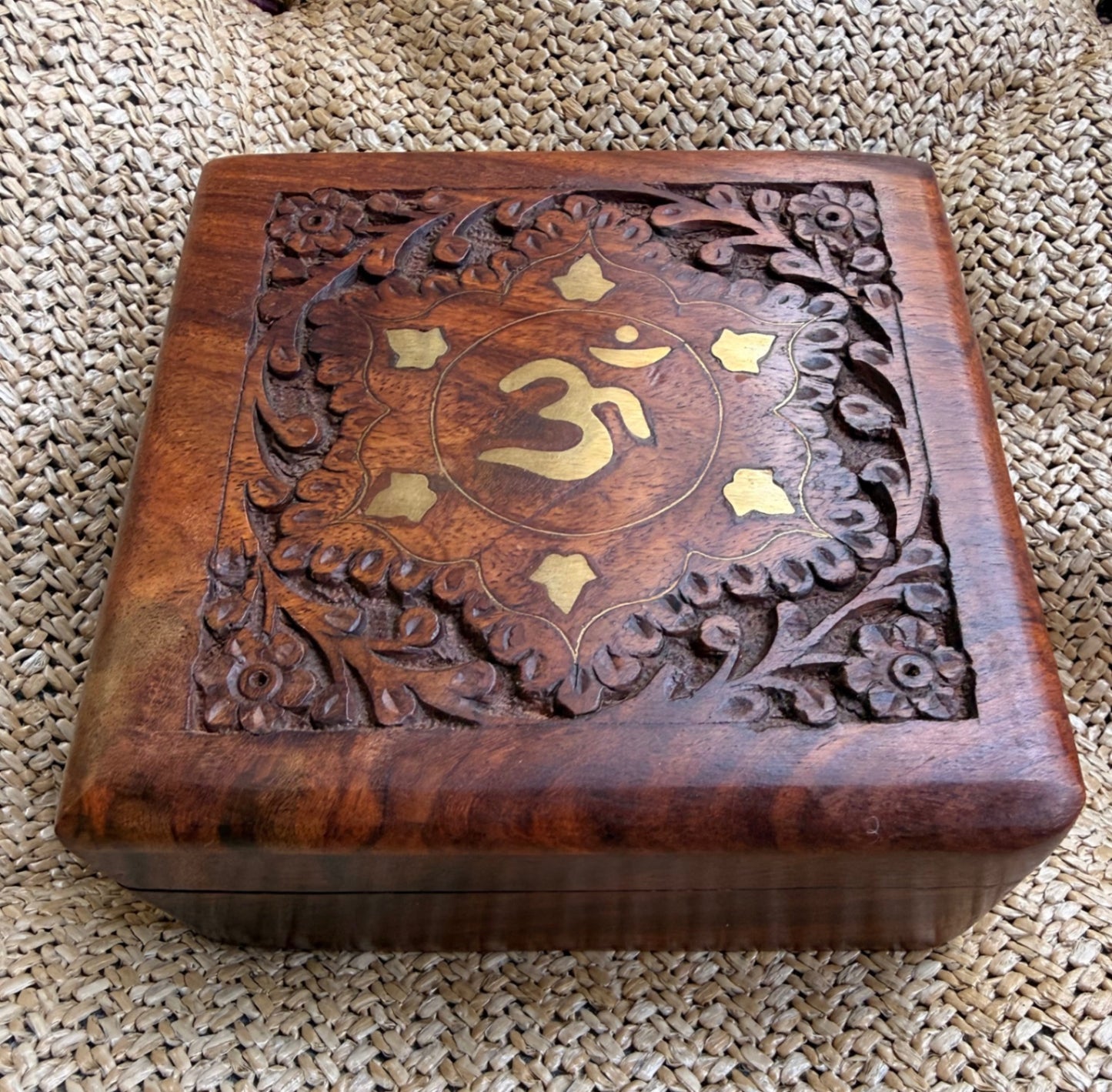 Hand-Carved Wooden Om Symbol Keepsake Box | Brass Inlay Floral Carved Trinket Box
