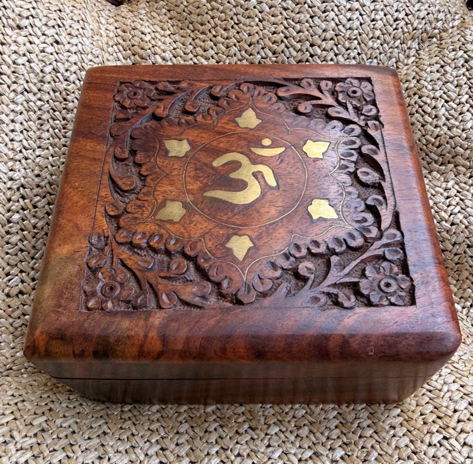 Hand-Carved Wooden Om Symbol Keepsake Box | Brass Inlay Floral Carved Trinket Box
