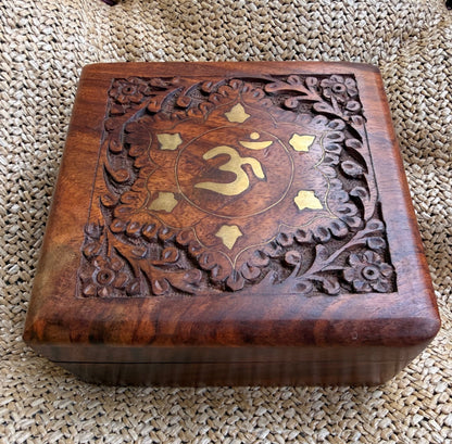 Hand-Carved Wooden Om Symbol Keepsake Box | Brass Inlay Floral Carved Trinket Box