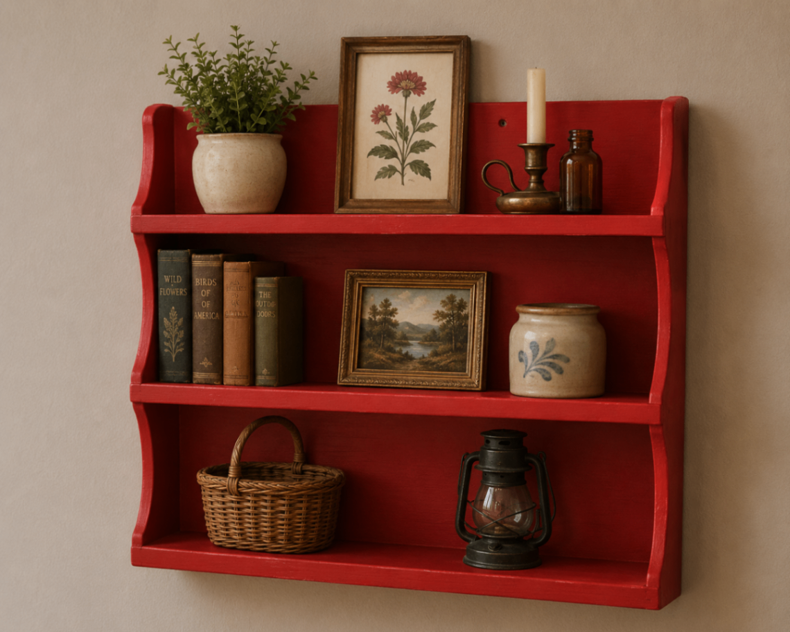 Vintage Bright Red Painted Wooden Wall Shelf | 3-Tier Scalloped Spice Rack & Display Shelf