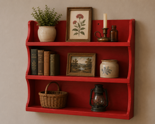 Vintage Bright Red Painted Wooden Wall Shelf | 3-Tier Scalloped Spice Rack & Display Shelf