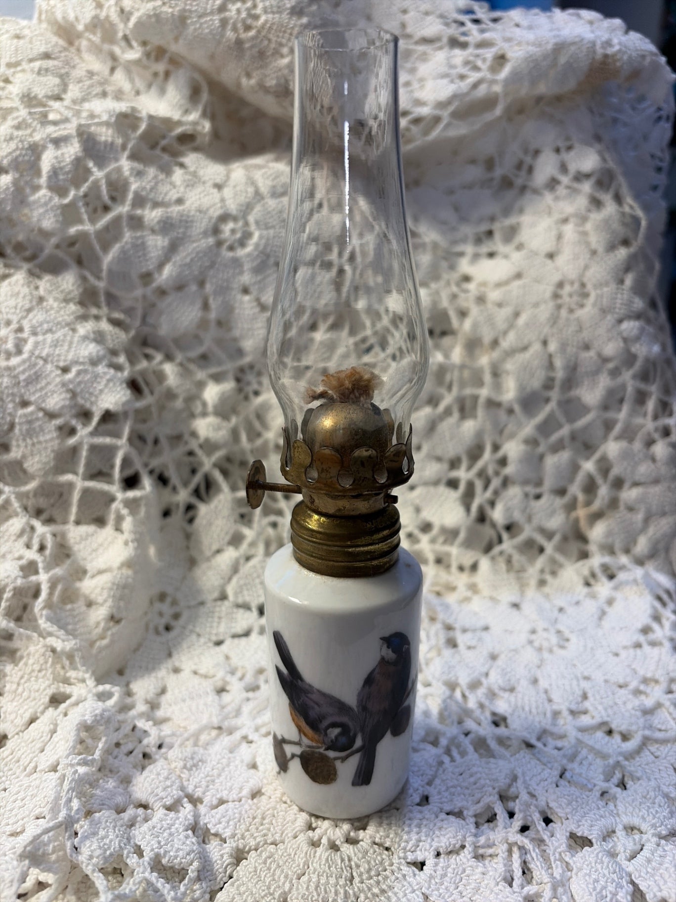 Vtg mini oil lamp porcelain with hand painted birds