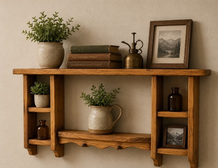 Rustic Solid Wood Wall Shelf with Cubbies & Pegs | Farmhouse Display Organizer