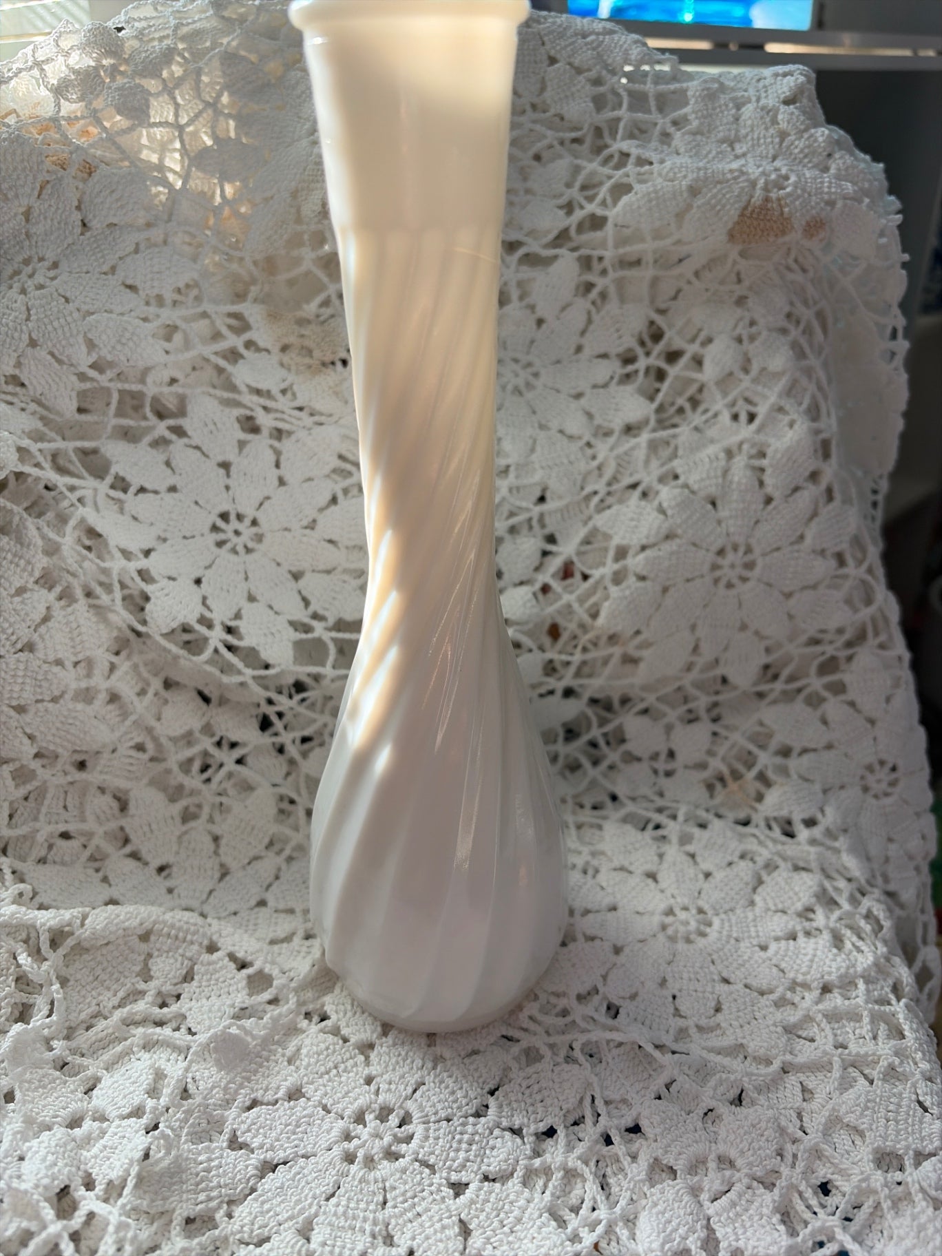 9” Milk Glass vase with swirl