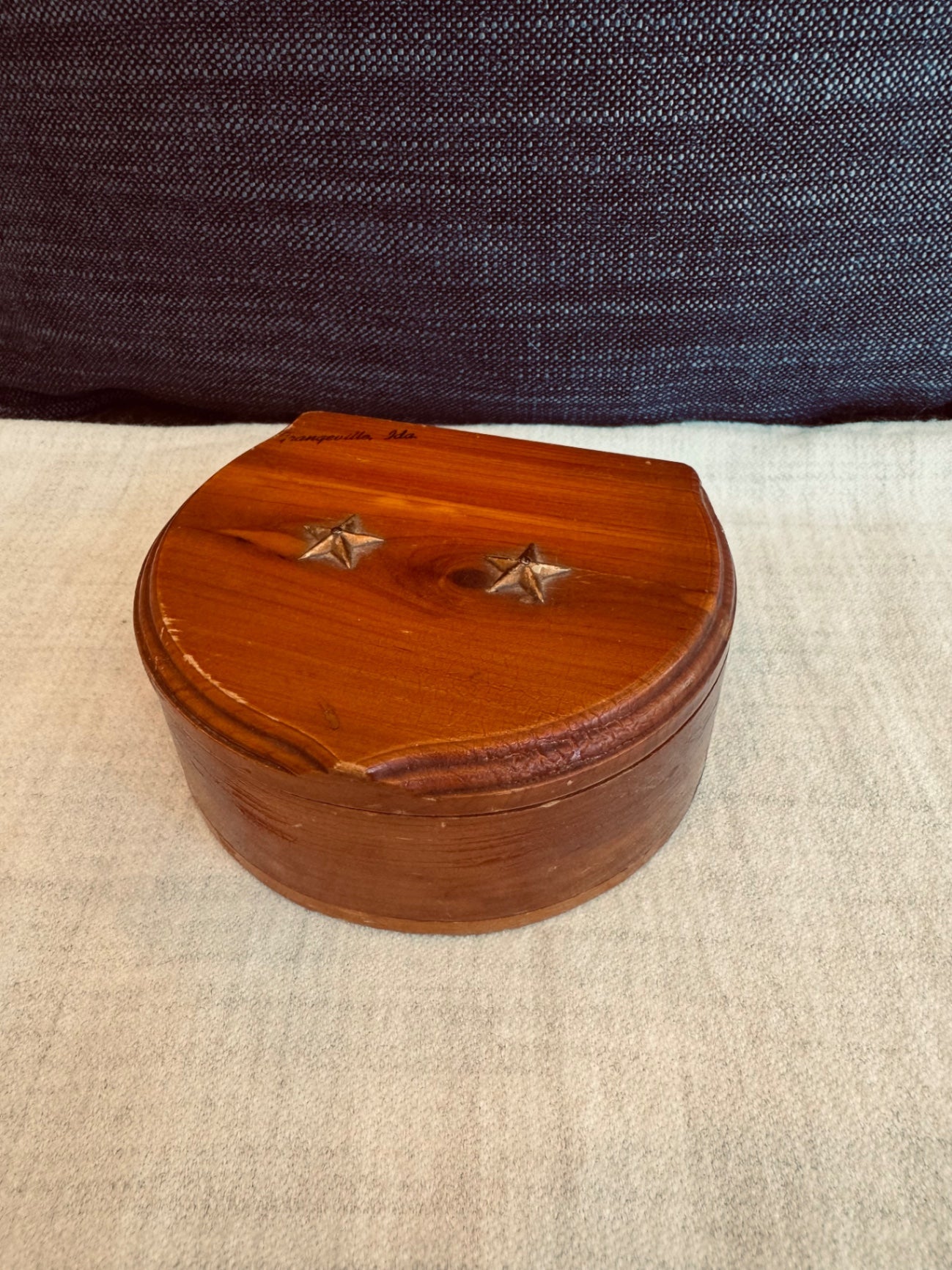 vintage half-moon or crescent-shaped cedar wood souvenir trinket box