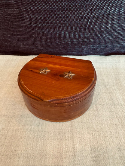 vintage half-moon or crescent-shaped cedar wood souvenir trinket box