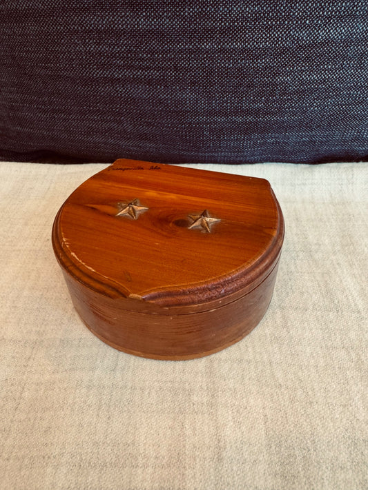vintage half-moon or crescent-shaped cedar wood souvenir trinket box