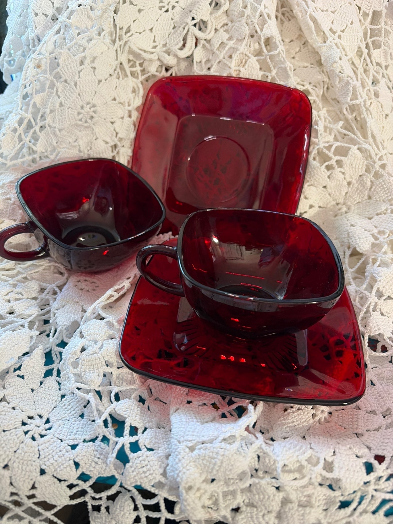 Clear Ruby Red cups and saucer sets (2)