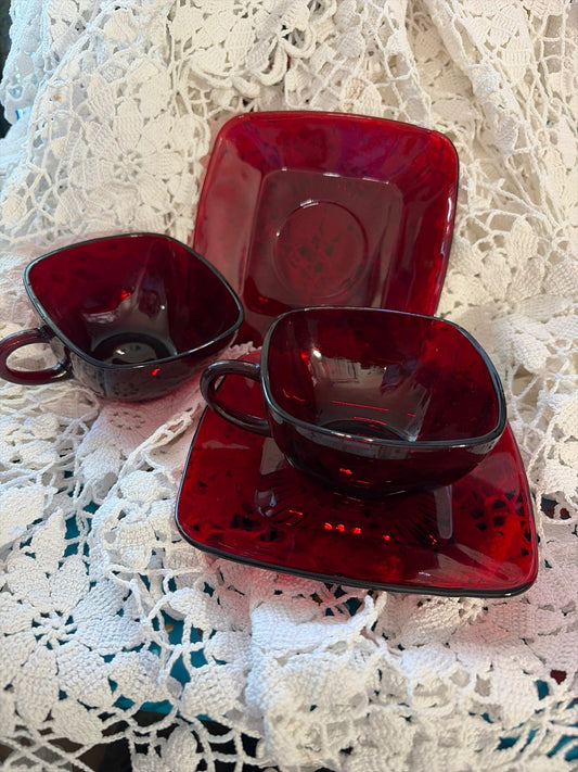 Clear Ruby Red cups and saucer sets (2)