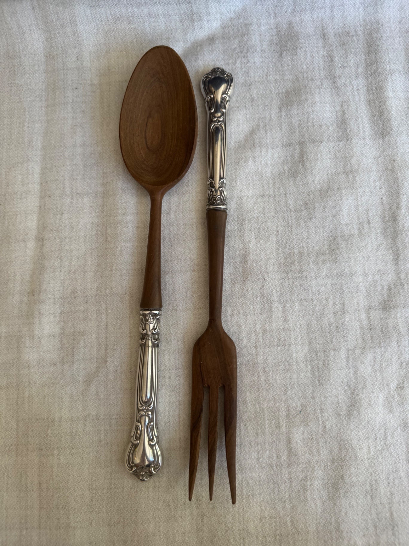vintage two-piece salad serving set featuring  sterling silver handles