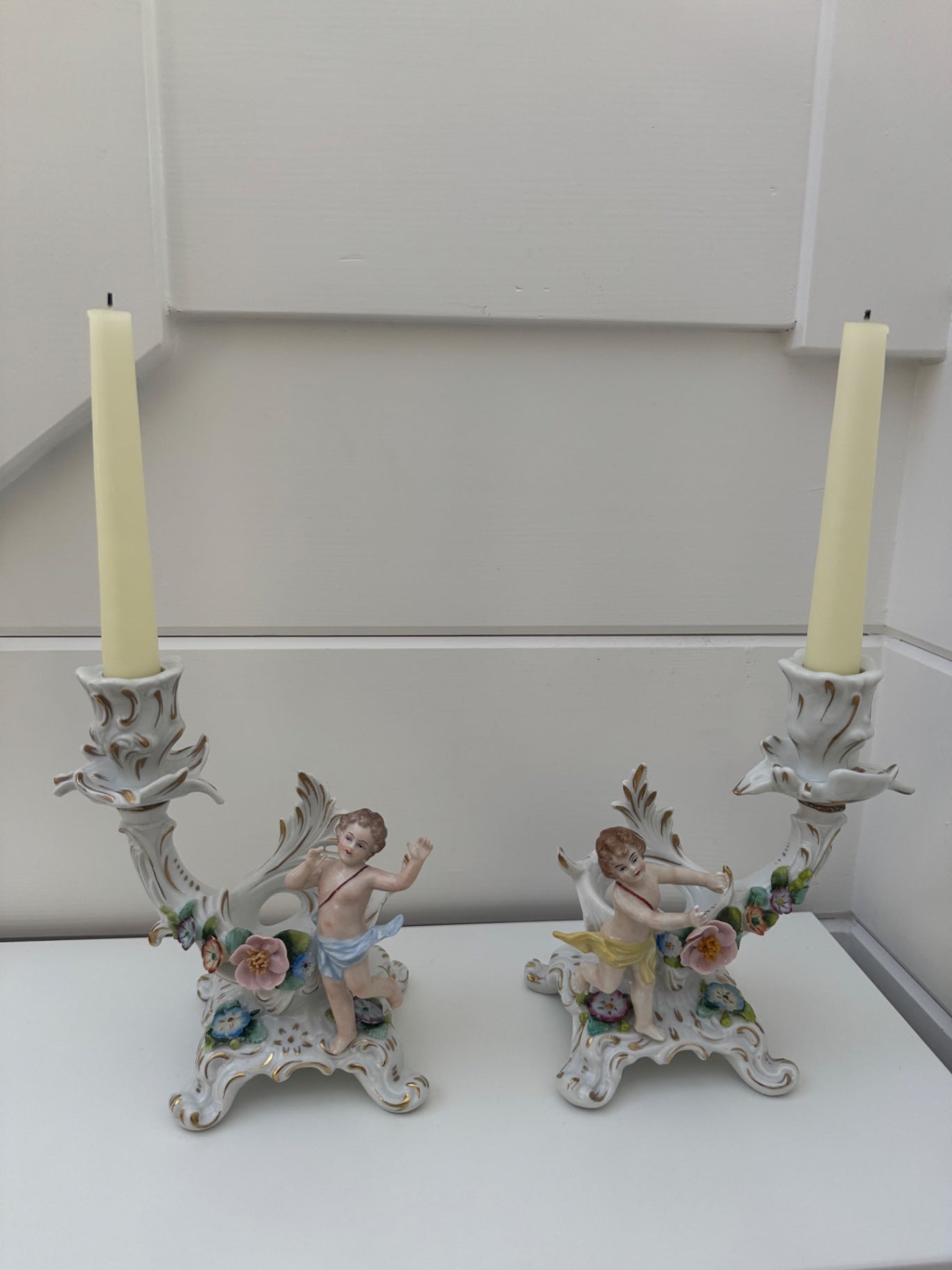 antique German Sitzendorf porcelain cherub candlesticks