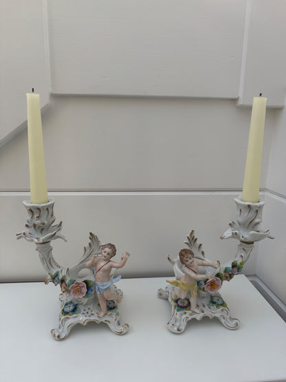 antique German Sitzendorf porcelain cherub candlesticks
