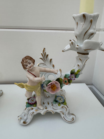 antique German Sitzendorf porcelain cherub candlesticks