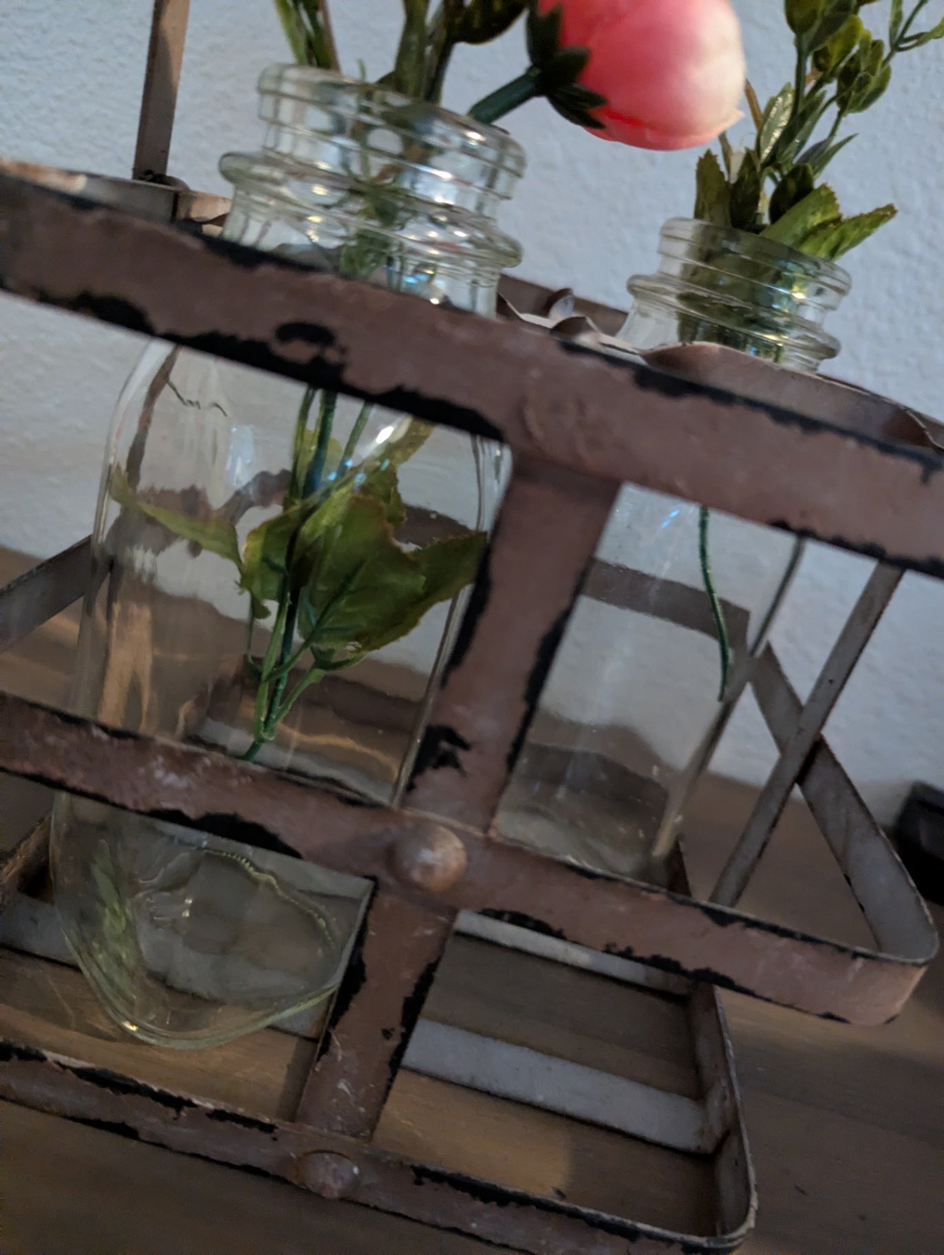 Vtg. Farmhouse Metal Milk Caddy w/2 Bottles