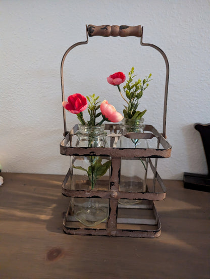 Vtg. Farmhouse Metal Milk Caddy w/2 Bottles