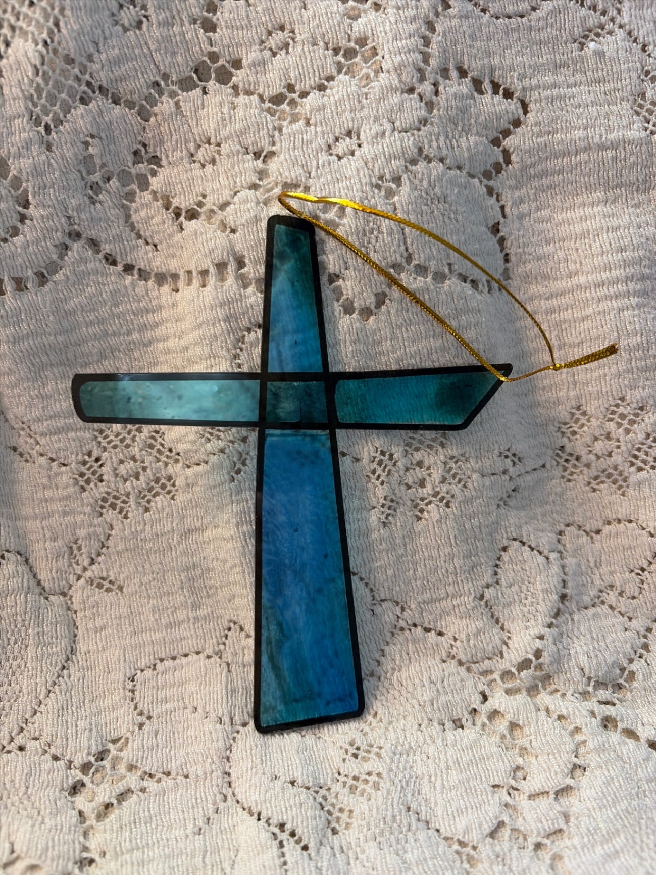 Acrylic teal and green stained Crucifix 