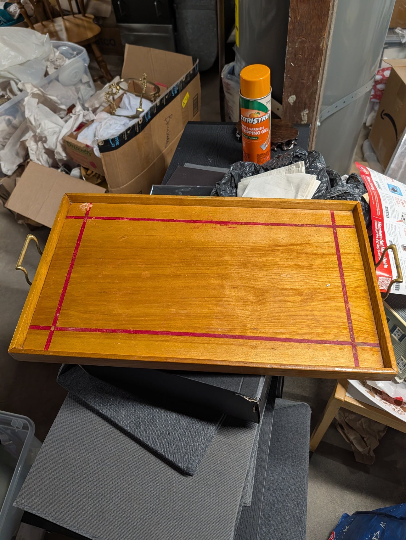 Vintage Wooden Serving Tray with Red Inlay and Brass Handles