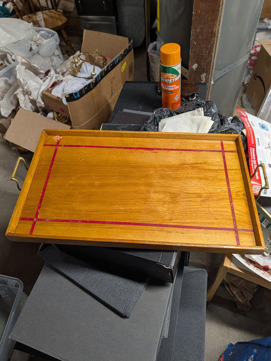 Vintage Wooden Serving Tray with Red Inlay and Brass Handles