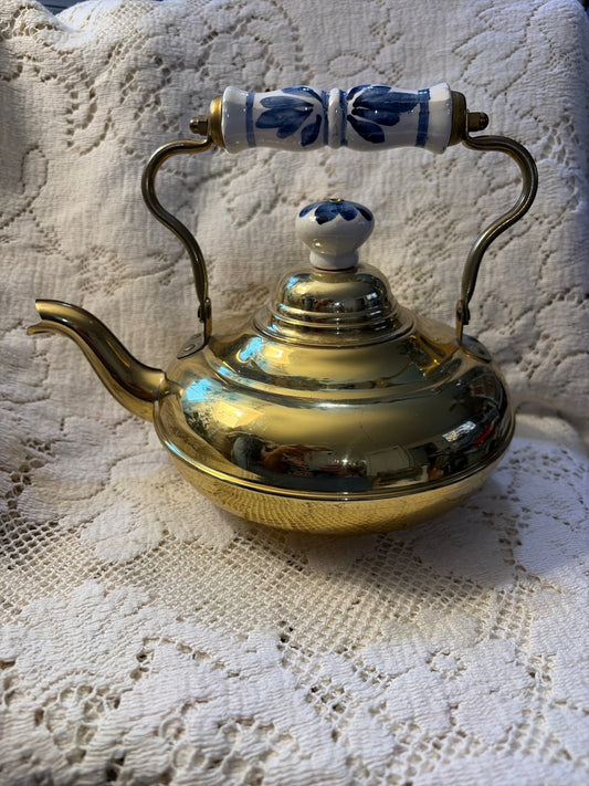 Vintage Brass colored teapot with porcelain handle