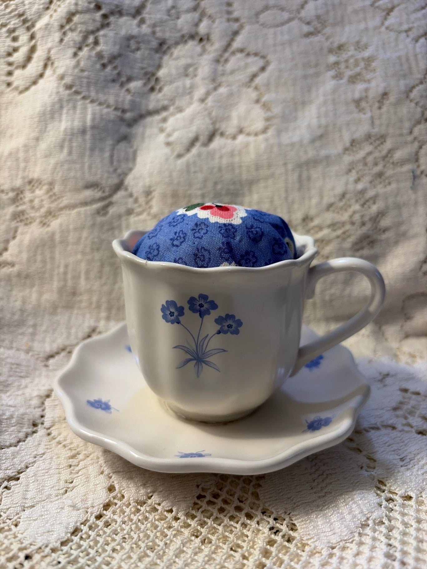 Tea cup and saucer pin cushion