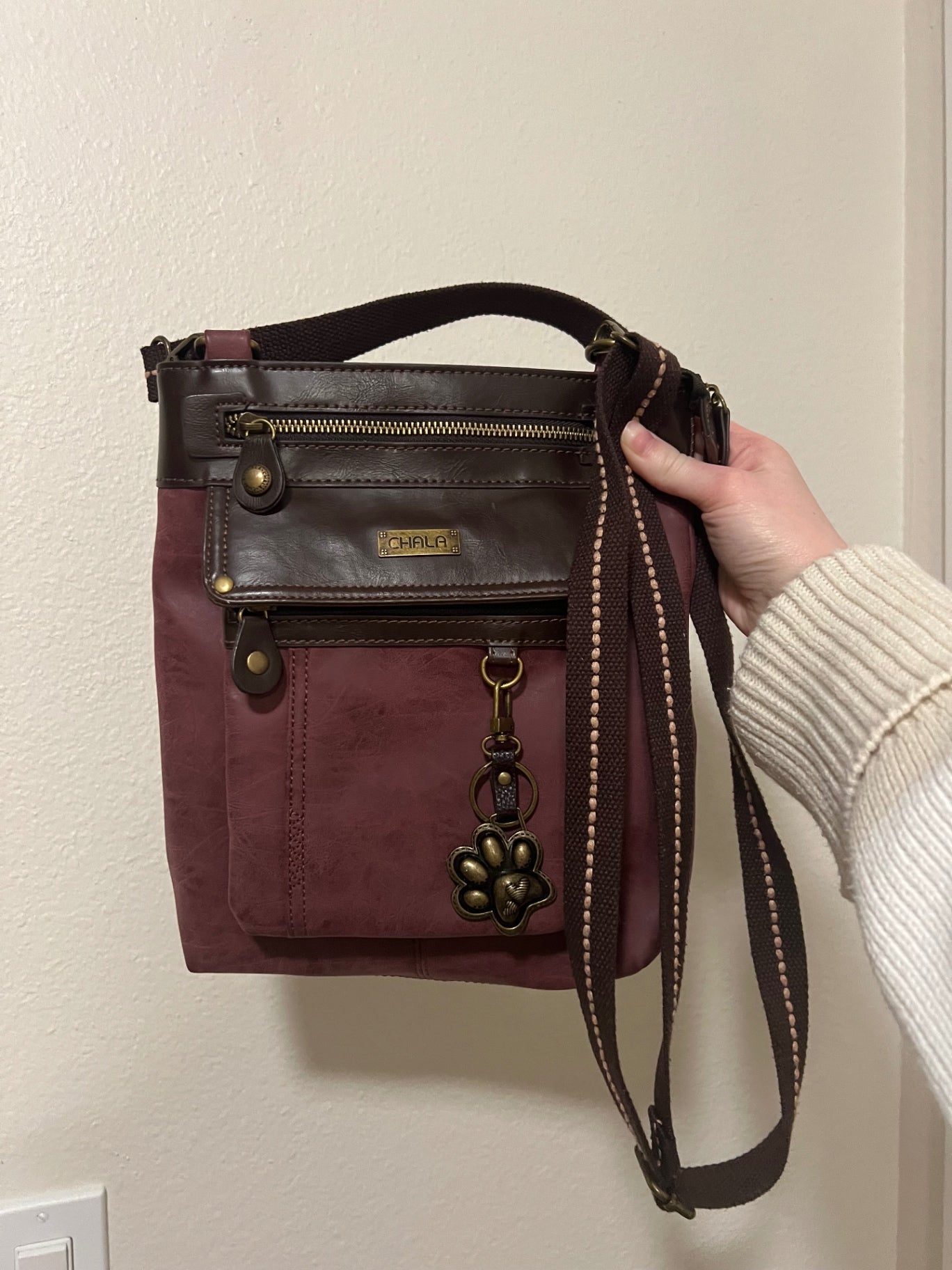 Chala Plum Vegan Leather Crossbody Bag with paw keychain