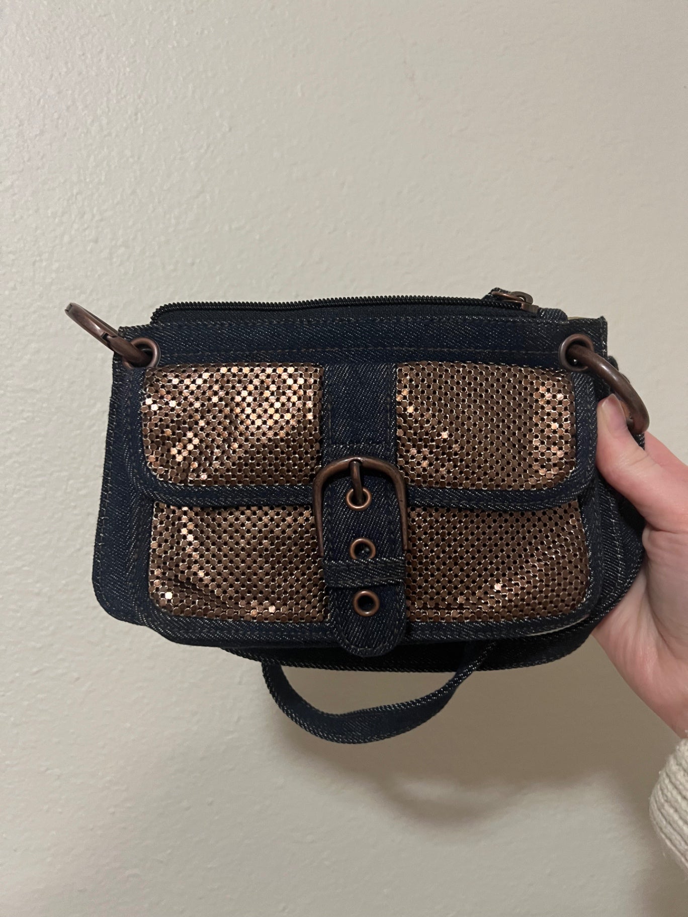 Denim and sequin crossbody purse 