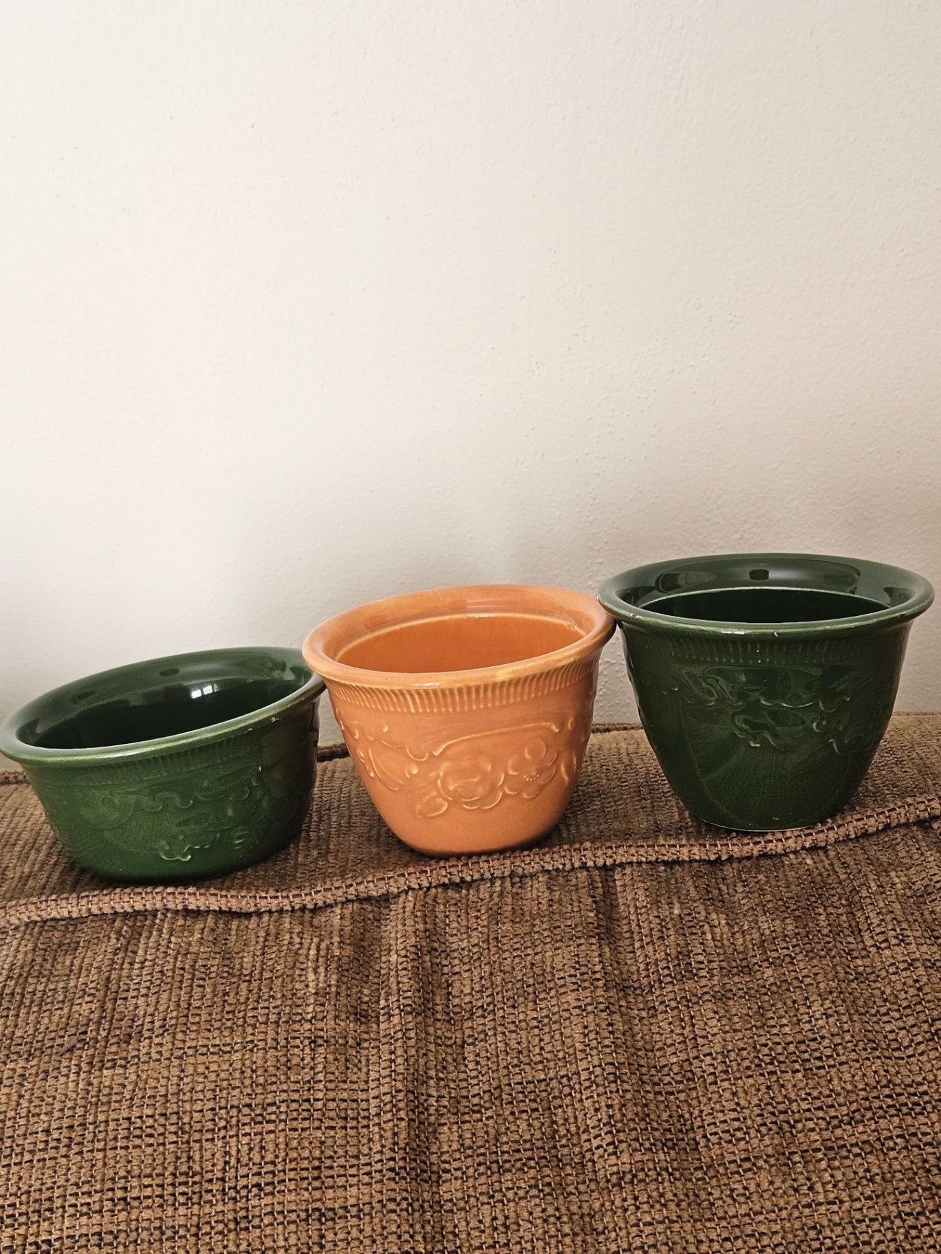 Set of 3 small vint baking cups dk green /pumpkin 