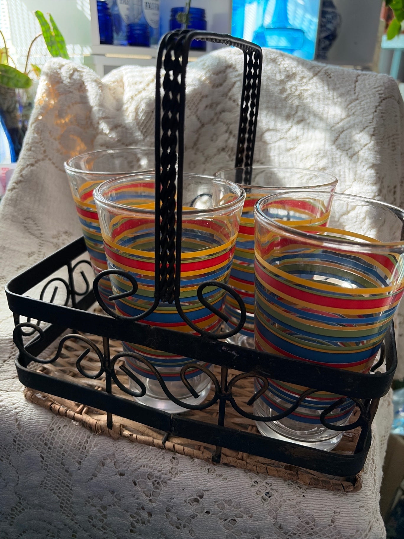 Vintage striped Fiesta Glasses set of (4) in basket