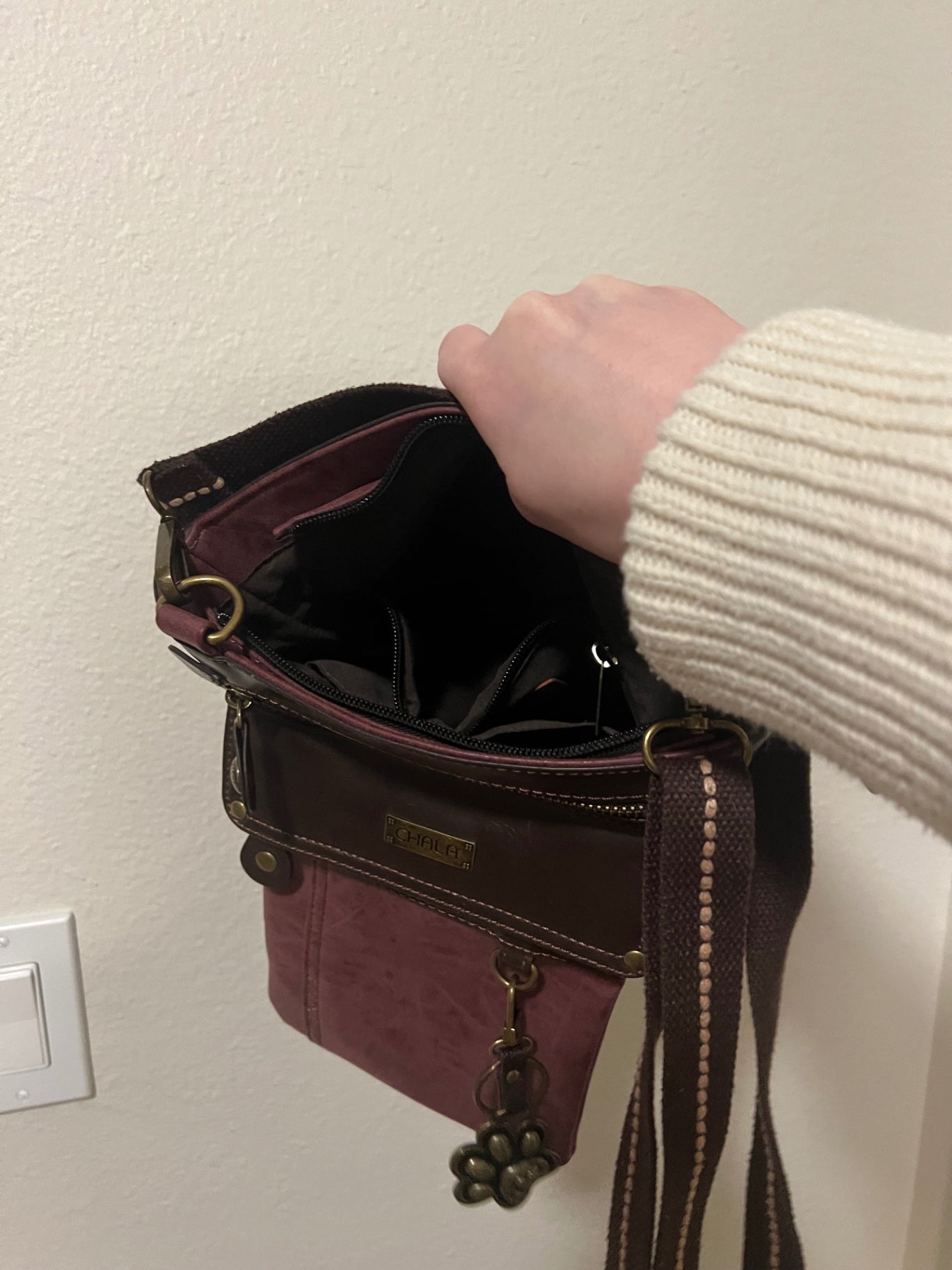 Chala Plum Vegan Leather Crossbody Bag with paw keychain