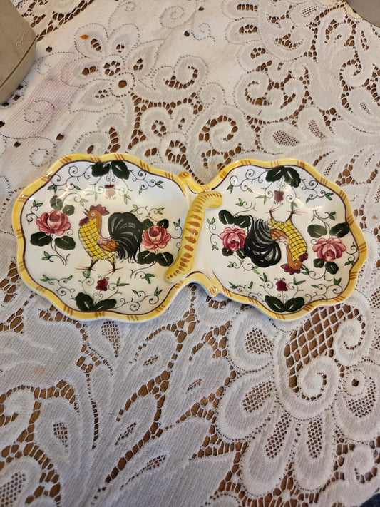 Vintage rooster roses dish
