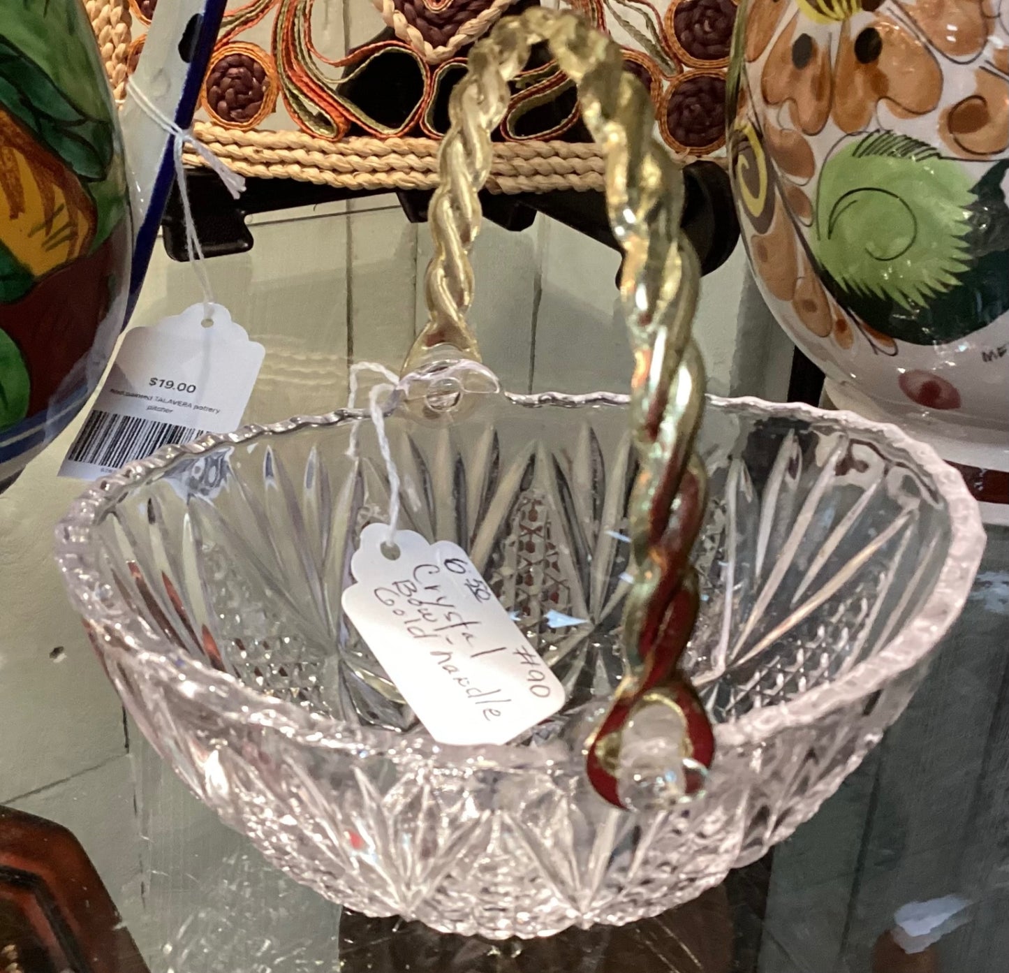 CRYSTAL DISH WITH GOLD HANDLE