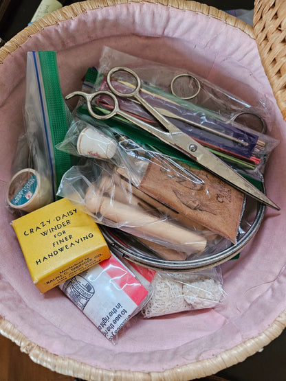 Vintage woven grass, lined sewing basket w/lid incl contents 