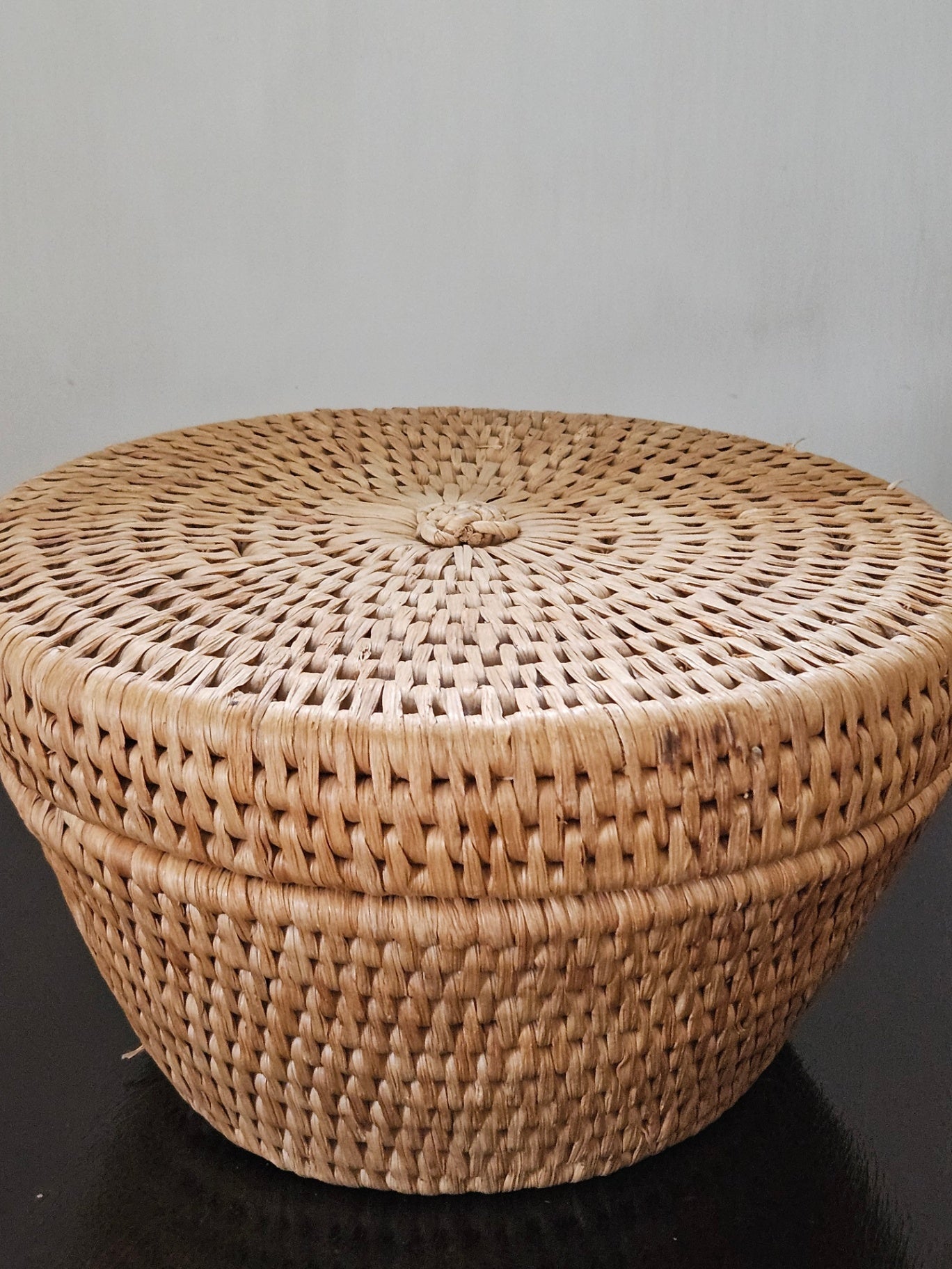 Vintage woven grass, lined sewing basket w/lid incl contents 