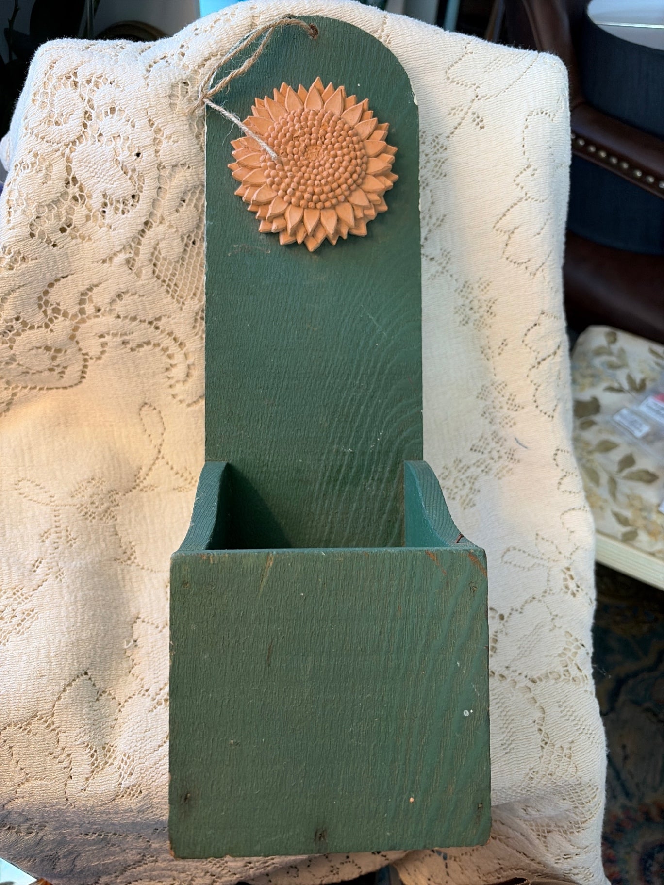 15 1/2” Vintage wood wall hanging planter or candle holder 