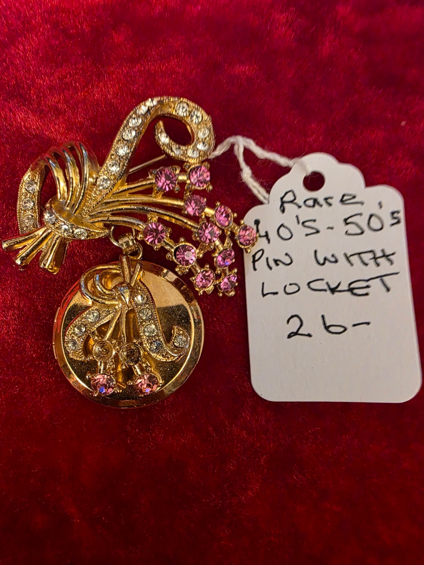 RARE BOW AND FLORAL DESIGN PIN w/ LOCKET.