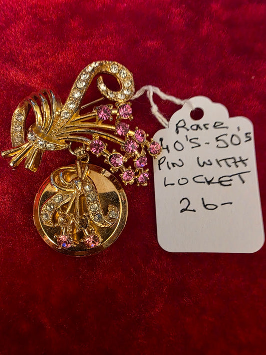 RARE BOW AND FLORAL DESIGN PIN w/ LOCKET.