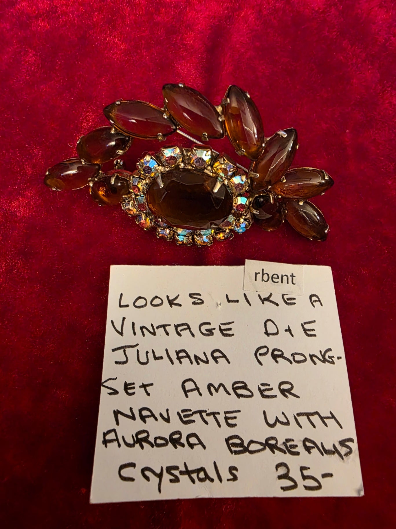 JULIANA BROOCH WITH PRONG, SET AMBER NAVETTE AND AURORA BOREALIS CRYSTALS