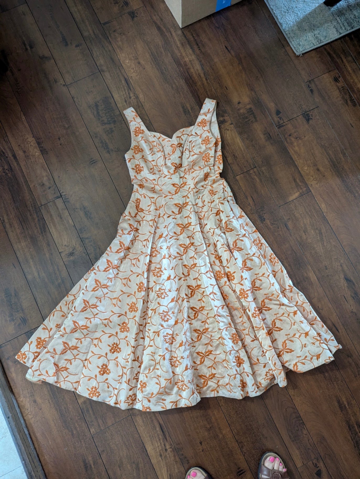 1950s Floral Orange Party Dress