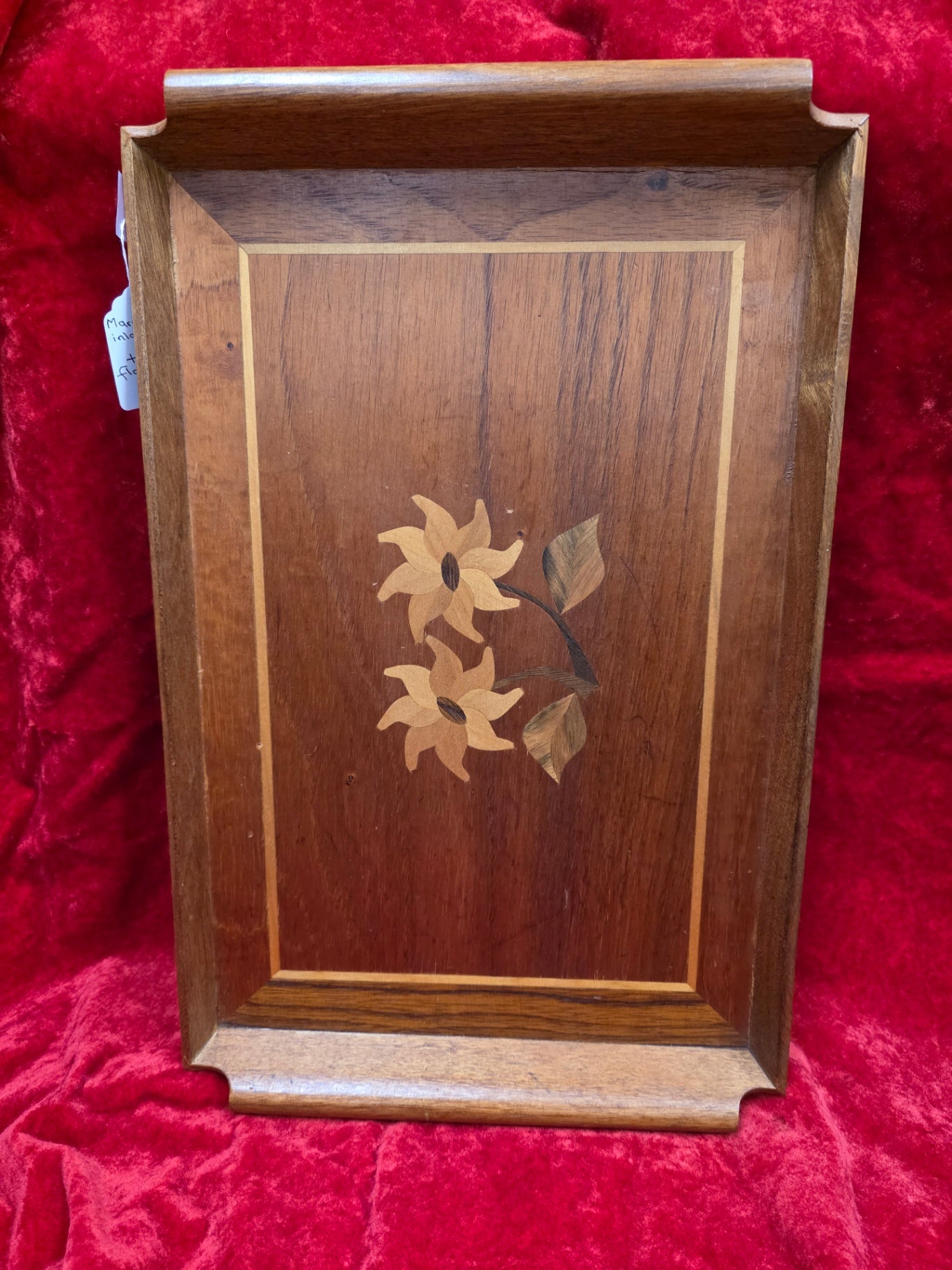 MARQUETRY INLAID WOOD TRAY WITH FLOWERS