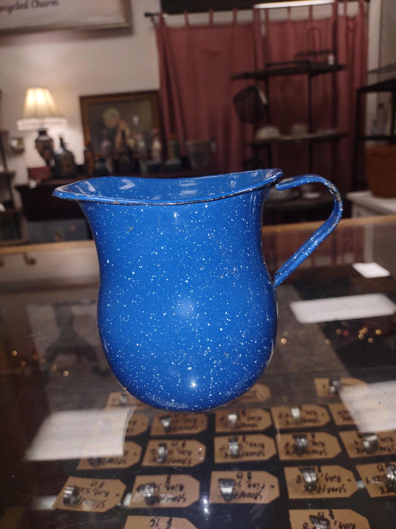 Blue enamel pitcher