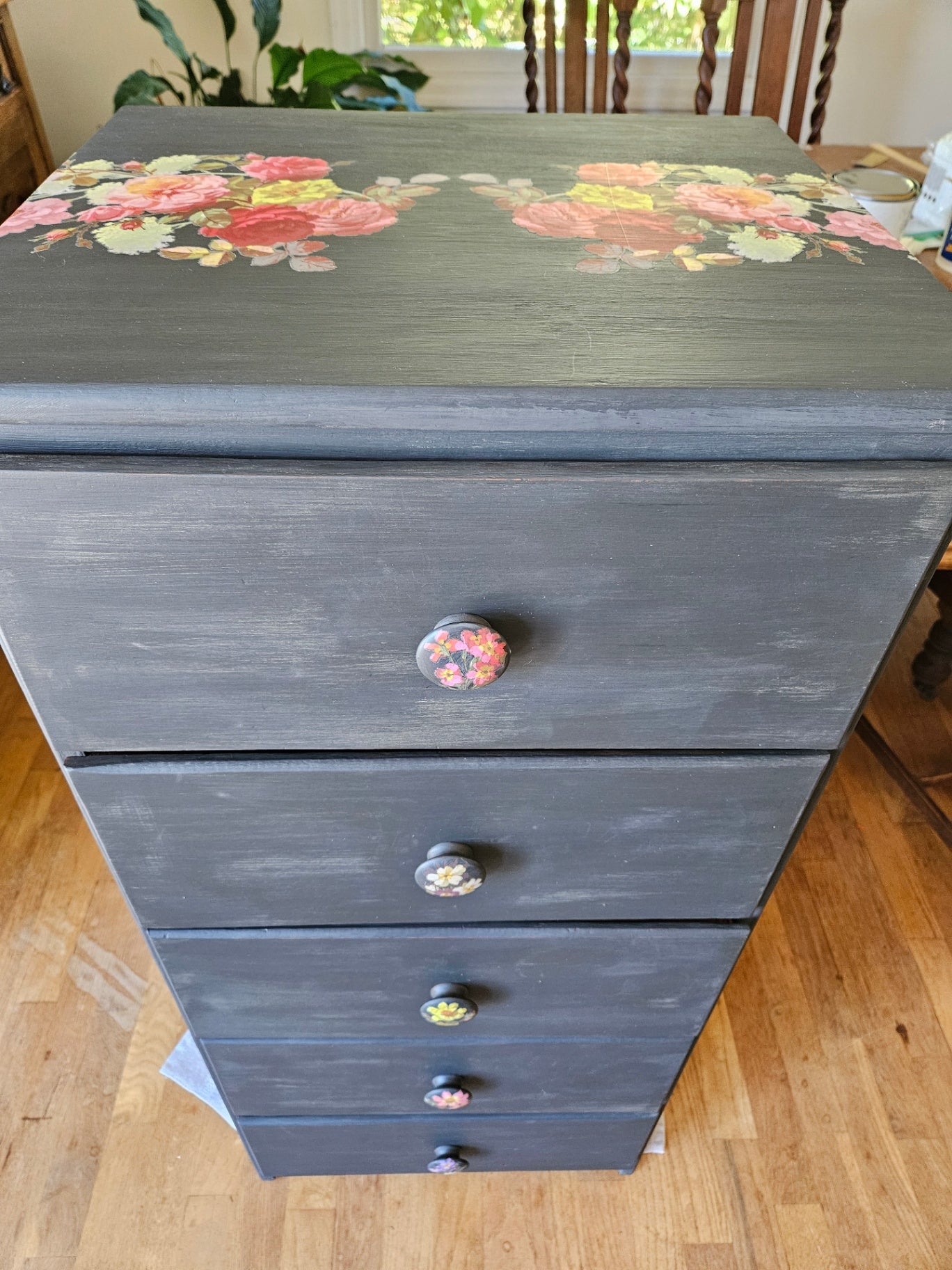 Vintage black painted 5 drawer w/floral deco approx 4 ft high